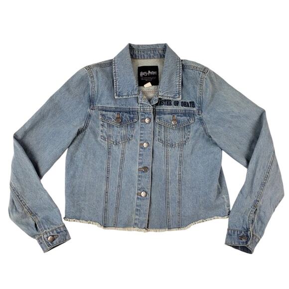 Harry Potter Deathly Hallows Master Of Death Crop Denim Jacket Raw Hem M - Picture 2 of 7